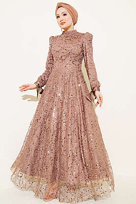 Bilek Bağcıklı Pullu Taşlı Abiye Elbise Vizon - PURE COSTUME