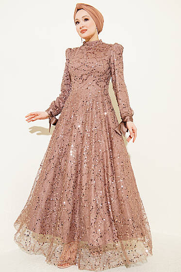 Bilek Bağcıklı Pullu Taşlı Abiye Elbise Vizon - Elbise