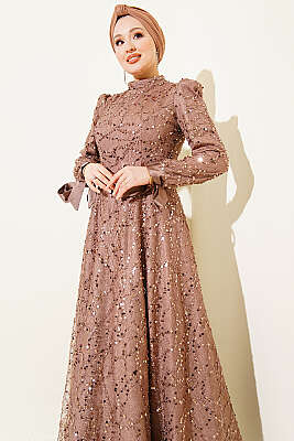 Bilek Bağcıklı Pullu Taşlı Abiye Elbise Vizon - Elbise