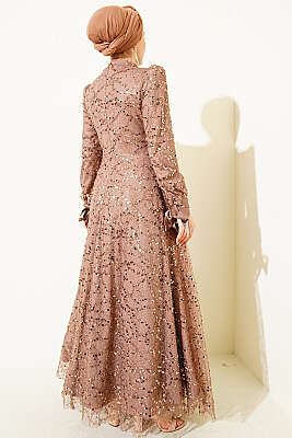 Bilek Bağcıklı Pullu Taşlı Abiye Elbise Vizon - Elbise