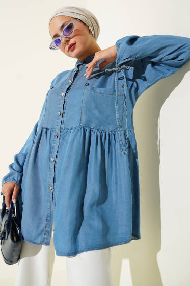 Bilek Bağcıklı Taş Düğmeli Kot Gömlek Açık Kot - Gömlek