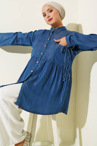 Bilek Bağcıklı Taş Düğmeli Kot Gömlek Koyu Kot - Gömlek