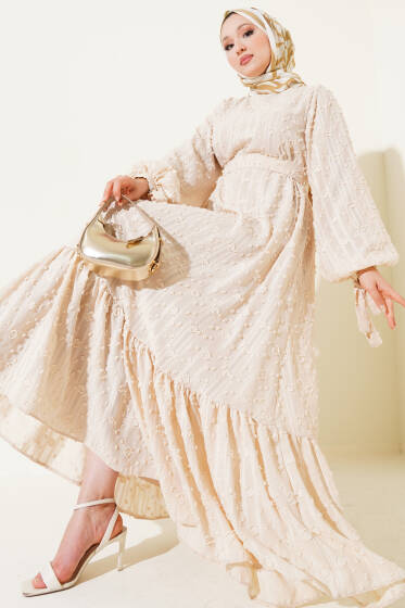 Bilek Bağcıklı Volanlı Elbise Bej - Elbise