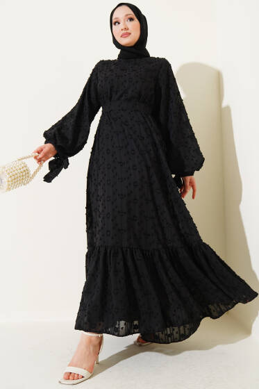 Bilek Bağcıklı Volanlı Elbise Siyah - Elbise