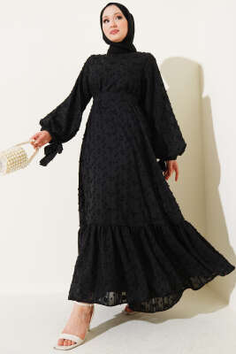 Bilek Bağcıklı Volanlı Elbise Siyah