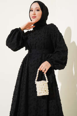 Bilek Bağcıklı Volanlı Elbise Siyah - Tesettür Elbise