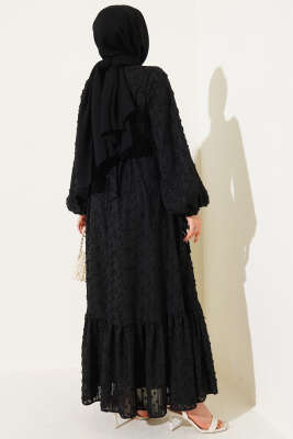 Bilek Bağcıklı Volanlı Elbise Siyah - Tesettür Elbise