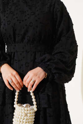 Bilek Bağcıklı Volanlı Elbise Siyah - Tesettür Elbise