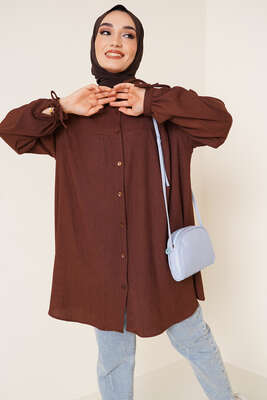 Bilek Bağlamalı Bürümcük Gömlek Kahve 