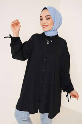 Bilek Bağlamalı Bürümcük Gömlek Siyah 