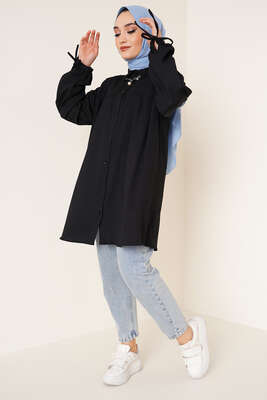 Bilek Bağlamalı Bürümcük Gömlek Siyah - Gömlek