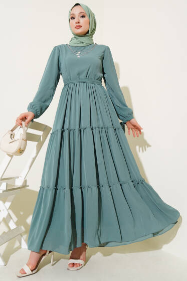 Bilek Bağlamalı Katlı Elbise Çağla Yeşili - Elbise