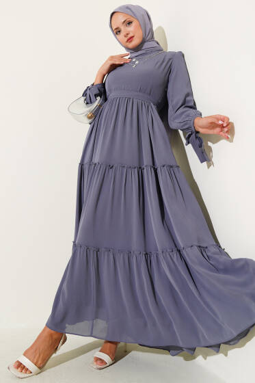 Bilek Bağlamalı Katlı Elbise Gri - Elbise