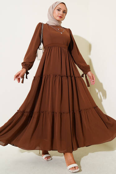 Bilek Bağlamalı Katlı Elbise Kahve - Elbise