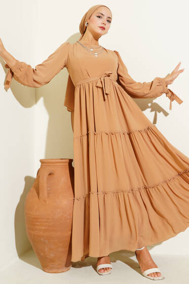 Bilek Bağlamalı Katlı Elbise Latte - Elbise