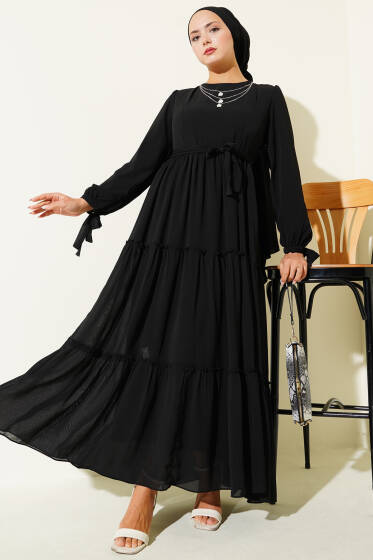 Bilek Bağlamalı Katlı Elbise Siyah - Elbise