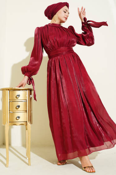 Bilek Bağlamalı Kuşaklı Abiye Elbise Bordo - Elbise