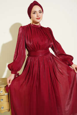 Bilek Bağlamalı Kuşaklı Abiye Elbise Bordo - Elbise