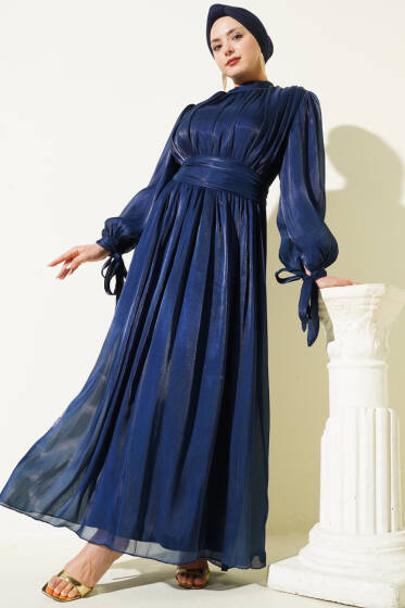 Bilek Bağlamalı Kuşaklı Abiye Elbise Lacivert - Elbise