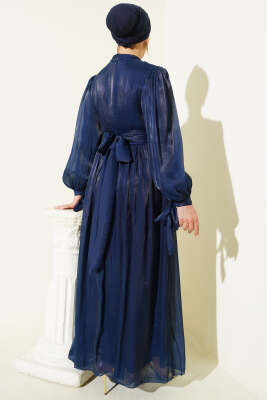 Bilek Bağlamalı Kuşaklı Abiye Elbise Lacivert - Elbise