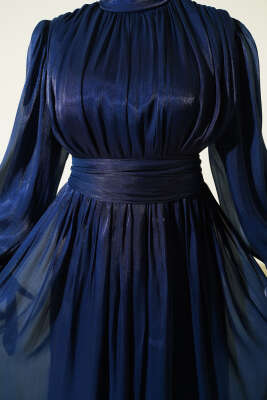 Bilek Bağlamalı Kuşaklı Abiye Elbise Lacivert - Elbise