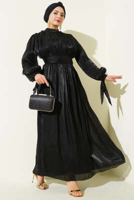 Bilek Bağlamalı Kuşaklı Abiye Elbise Siyah - CNR TEKSTİL