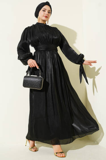 Bilek Bağlamalı Kuşaklı Abiye Elbise Siyah - Elbise
