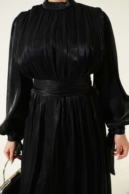 Bilek Bağlamalı Kuşaklı Abiye Elbise Siyah - Elbise