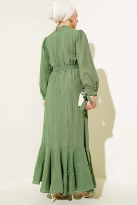 Bilek Bağlamalı Kuşaklı Gofre Elbise Haki - Tesettür Elbise