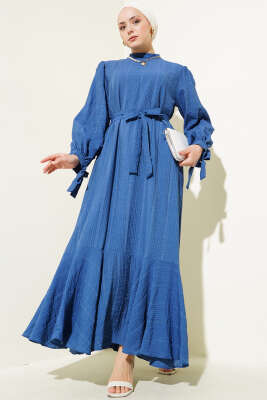 Bilek Bağlamalı Kuşaklı Gofre Elbise İndigo 