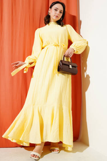 Bilek Bağlamalı Kuşaklı Gofre Elbise Sarı - Elbise