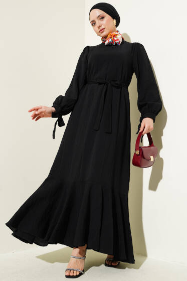 Bilek Bağlamalı Kuşaklı Gofre Elbise Siyah - Elbise