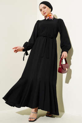 Bilek Bağlamalı Kuşaklı Gofre Elbise Siyah 