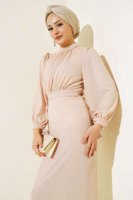 Bilek Bağlamalı Simli Elbise Bej - Tesettür Elbise