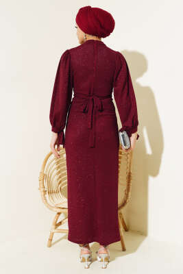 Bilek Bağlamalı Simli Elbise Bordo - Tesettür Elbise