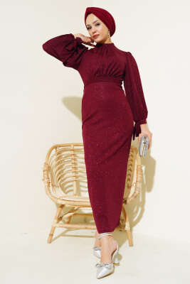 Bilek Bağlamalı Simli Elbise Bordo - Tesettür Elbise
