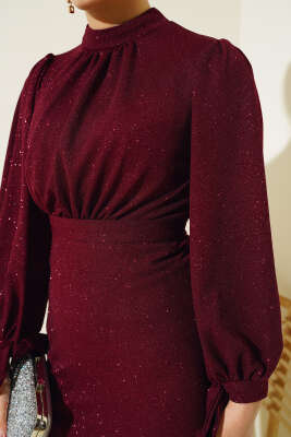 Bilek Bağlamalı Simli Elbise Bordo - Tesettür Elbise
