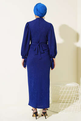 Bilek Bağlamalı Simli Elbise Saks - Tesettür Elbise