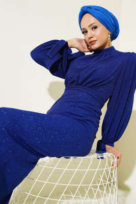 Bilek Bağlamalı Simli Elbise Saks - Tesettür Elbise