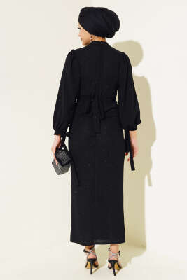 Bilek Bağlamalı Simli Elbise Siyah - Tesettür Elbise