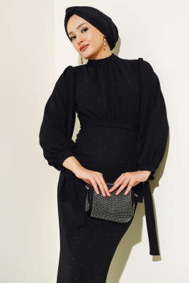 Bilek Bağlamalı Simli Elbise Siyah - Tesettür Elbise