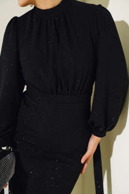 Bilek Bağlamalı Simli Elbise Siyah - Tesettür Elbise