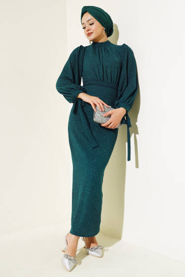 Bilek Bağlamalı Simli Elbise Zümrüt - Elbise