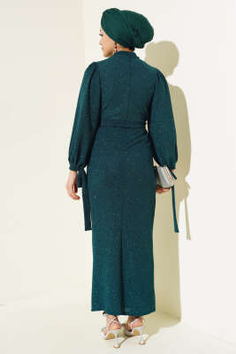 Bilek Bağlamalı Simli Elbise Zümrüt - Tesettür Elbise