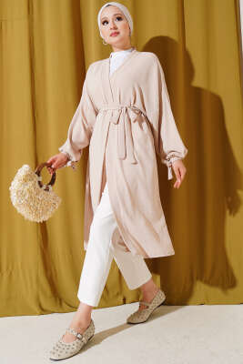 Bilek Bağlamalı Uzun Kimono Bej 