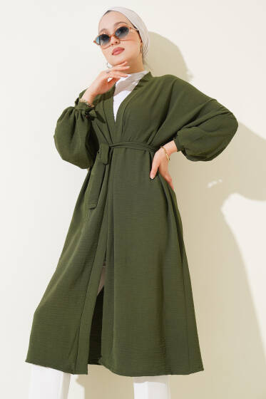 Bilek Bağlamalı Uzun Kimono Haki - Dış Giyim&Mont