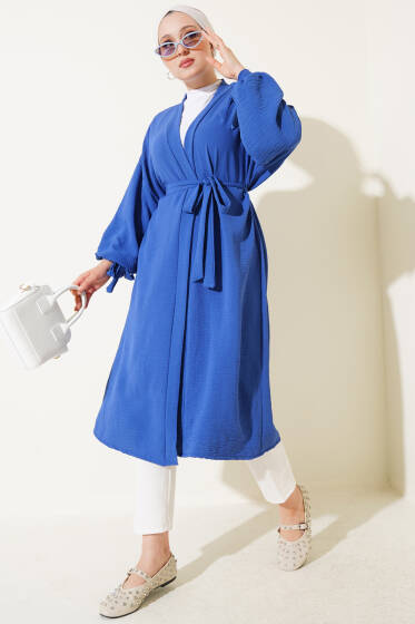 Bilek Bağlamalı Uzun Kimono İndigo - Dış Giyim&Mont