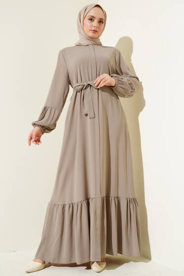 Bilek Büzgülü Kuşaklı Büyük Beden Ferace Bej - Ferace