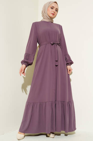 Bilek Büzgülü Kuşaklı Büyük Beden Ferace Gül Kurusu - Ferace