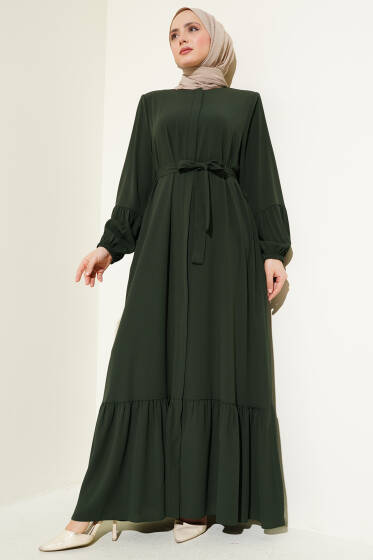 Bilek Büzgülü Kuşaklı Büyük Beden Ferace Haki - Ferace